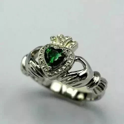 2.2CT Heart Cut Lab Created Emerald Claddagh Engagement Ring 925 Sterling Silver