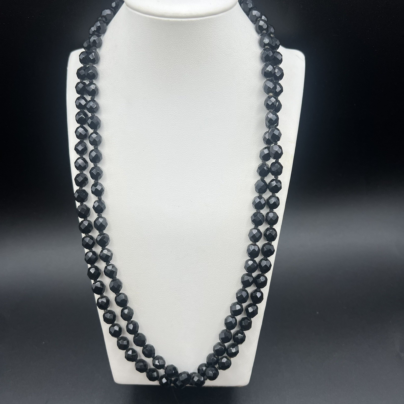 Vintage Faceted Jet Black Glass Double Strand Beaded Necklace Made in Austria