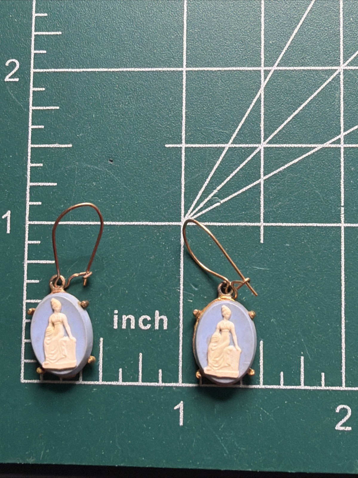Light BLUE CAMEO EARRINGS Vintage Grecian Roman Woman Oval Hanging Wire Goldtone