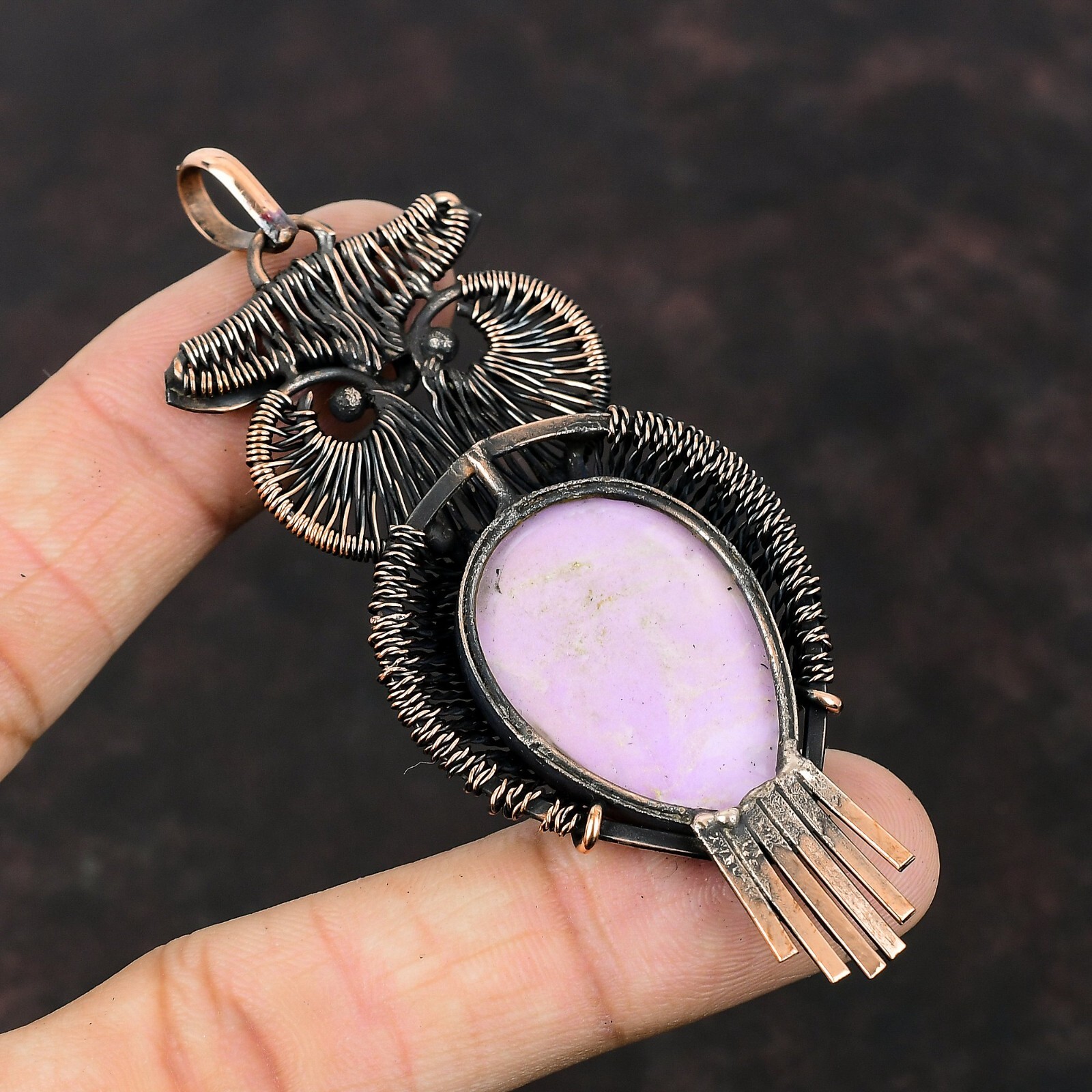 Phosphosiderite Gemstone Jewelry Copper Mom Gift Wire Wrapped Owl Pendant 3.43″