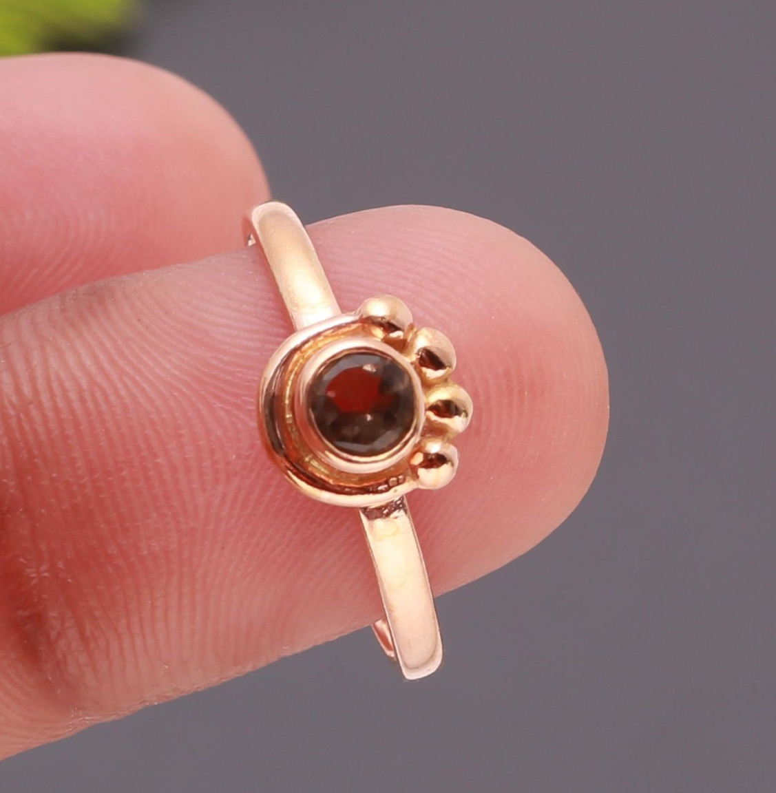 Natural Smoky Quartz Round Cut Ring Rose Gold Fill 925 Sterling Silver Jewelry