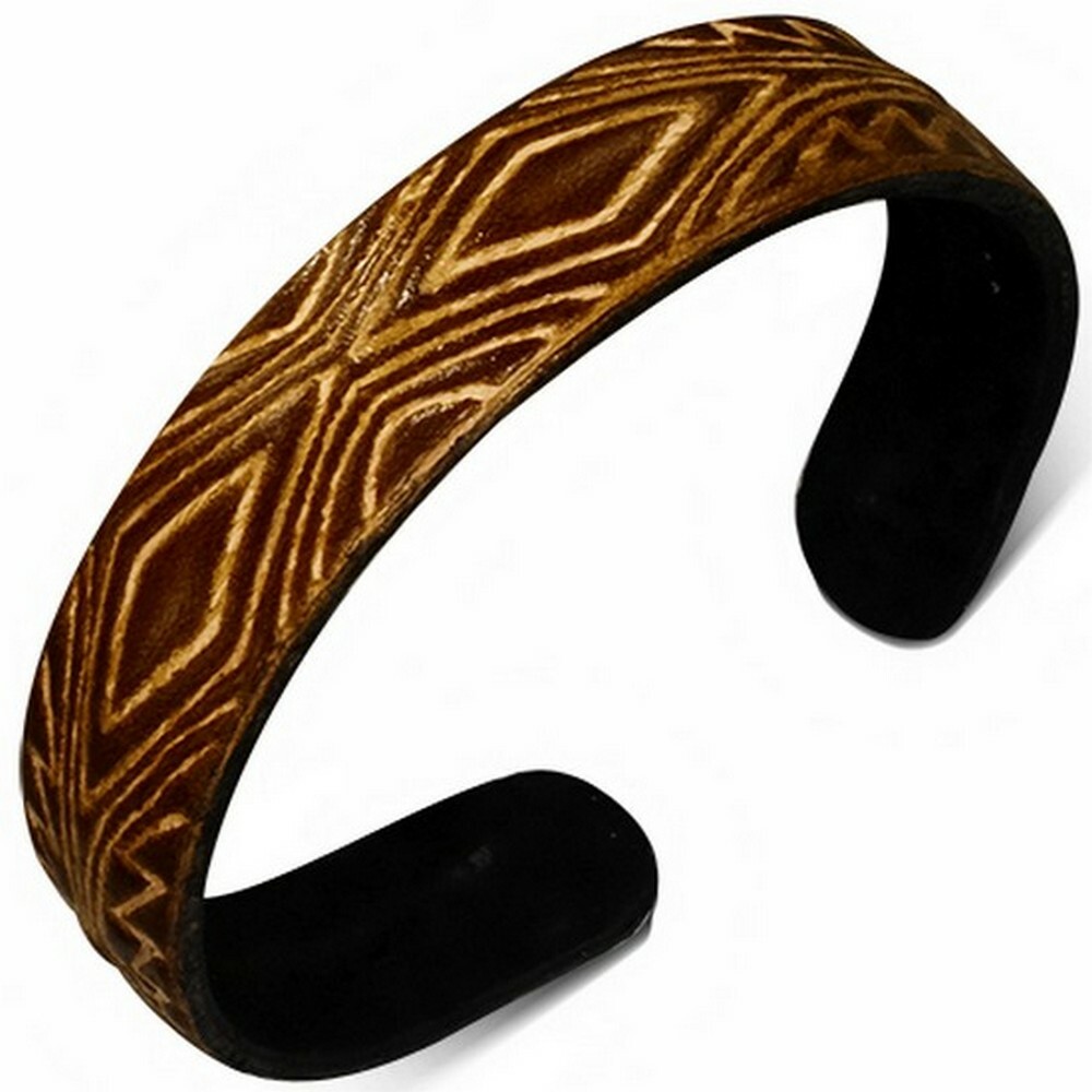 Brown Tan Leather Engraved Cuff Bangle Womens Adjustable Bracelet