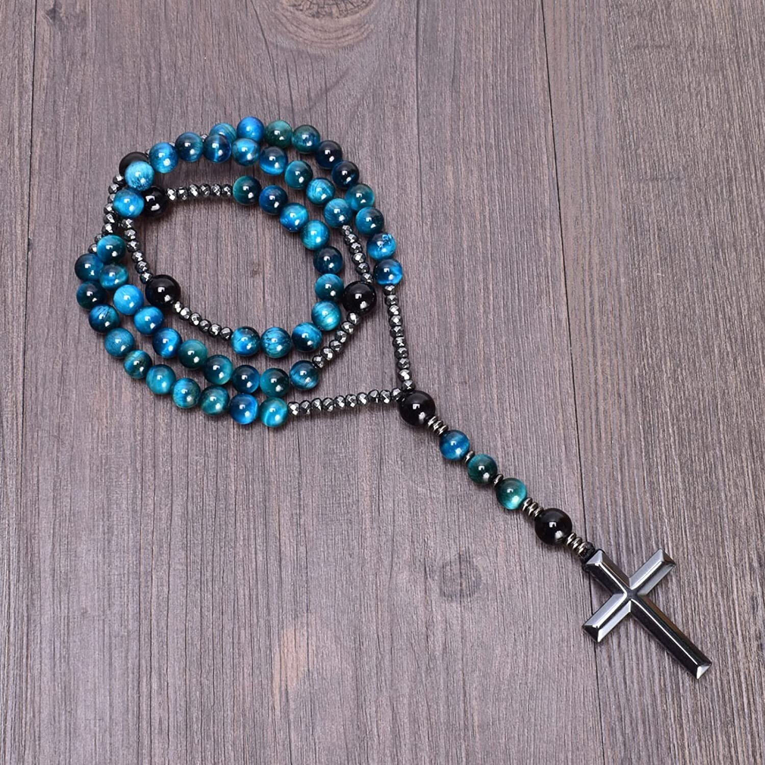 Blue Tiger’s Eye Obsidian Stone Beaded Necklace Beaded Hematite Cross Pendant