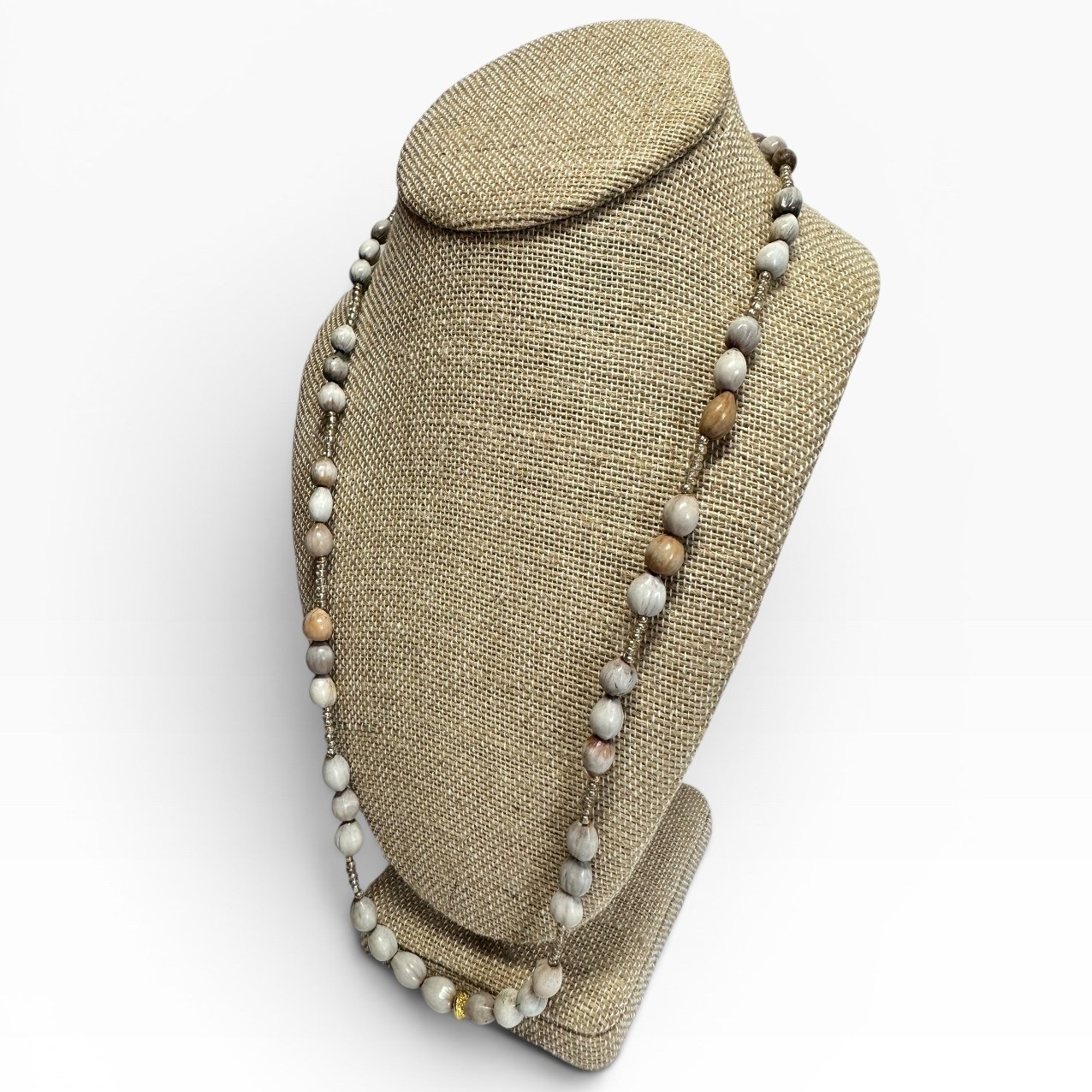 Job’s Tears Beaded Necklace 25″ Grey Tan Boho Organic
