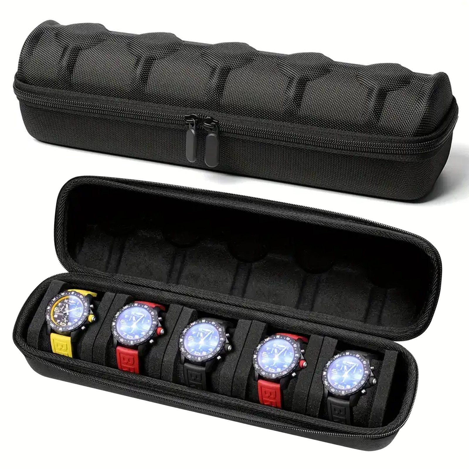 5-Compartment Portable Watch box – With Handle, Flip-Top Lid, and Soft Lining