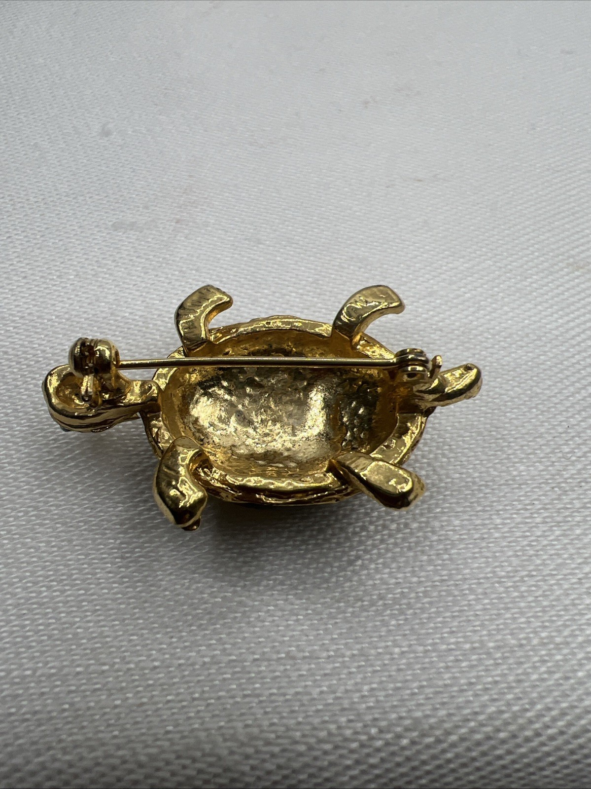 Vintage Turtle Black and Gold Tone Rhinestone and Enamel Brooch Pin Green Eyes