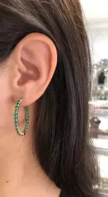 3Ct Round Cut Lab Created Green Emerald Hoop Earrings In 14K Yellow Gold Plated