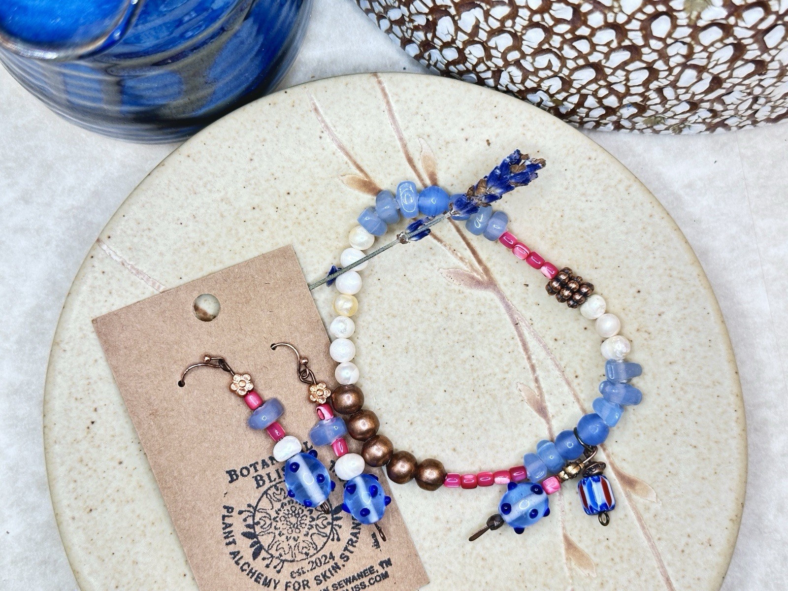 Red, White & Blue Bracelet & Earrings w/Copper, Pearls, Chalcedony & Glass