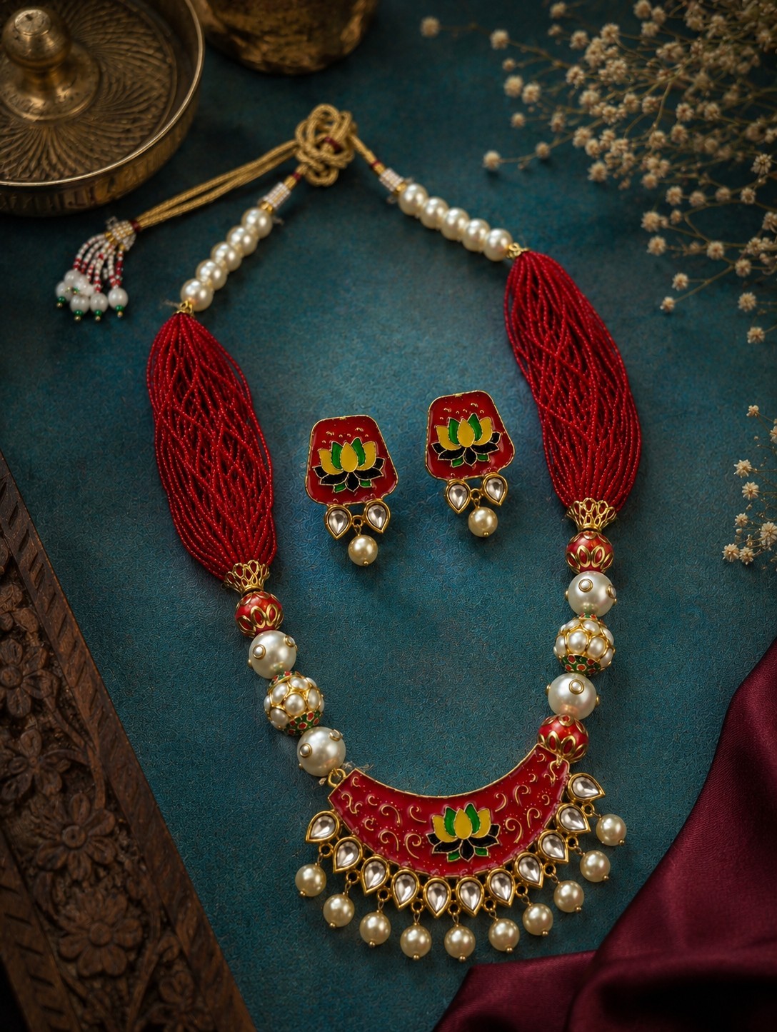 Handmade Lotus Thread Necklace Set Red Meenakari Pearl Indian Ethnic Jewelry