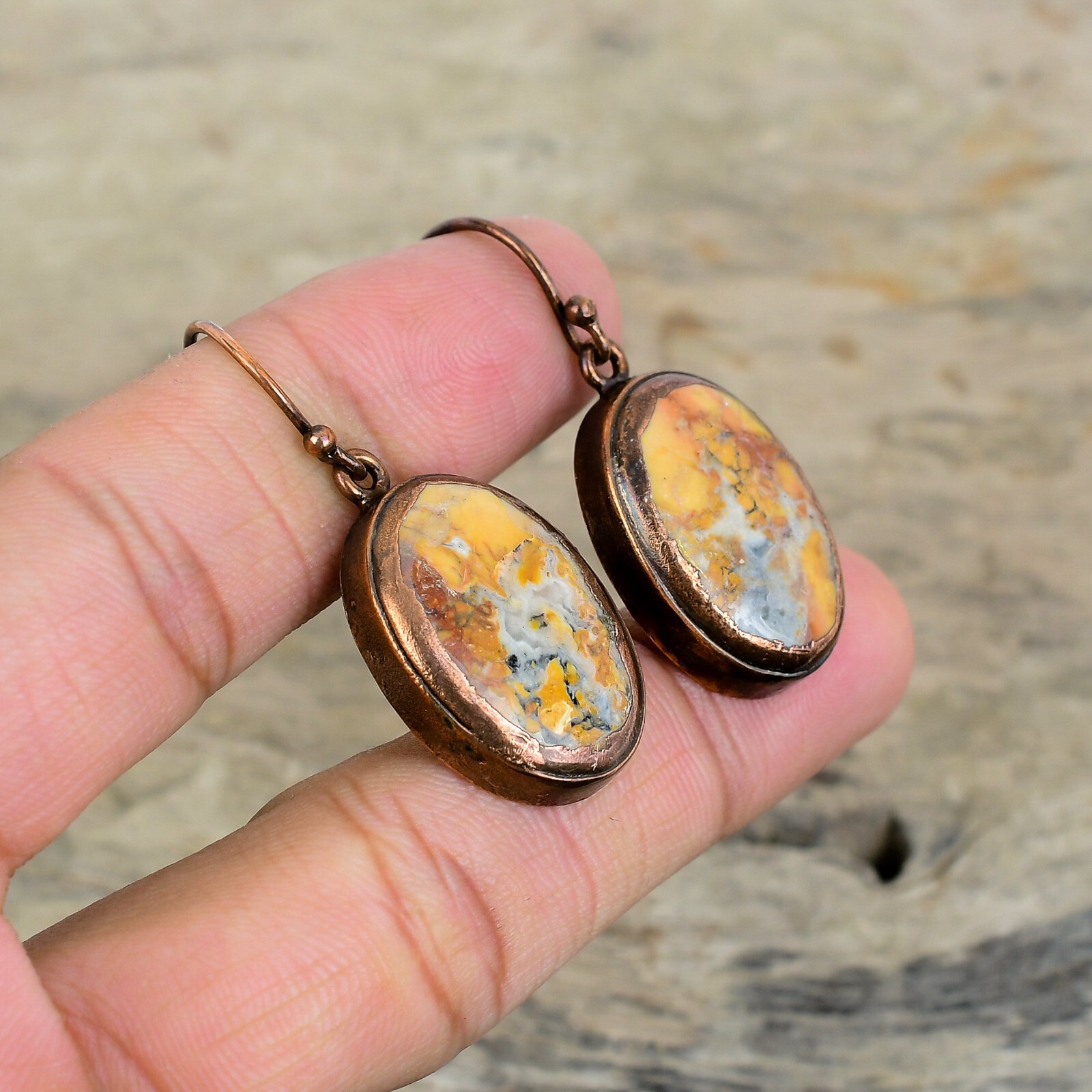 Copper Maligano Jasper Gemstone Electroformed Art Deco Dangling Earrings Jewelry