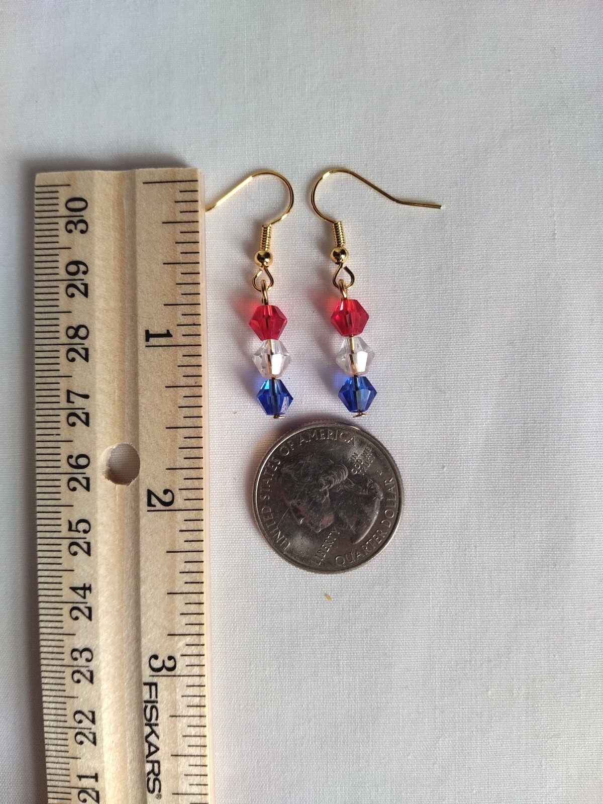 Patriotic Clear White Red Blue Bead Stick Drop Earrings Handmade Gold Tone Hook