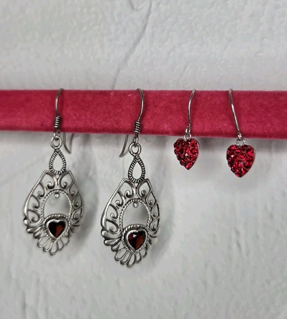 Sterling 925 Silver Stamped Earrings Set Bundle Heart Crystal Garnet Red Dangly