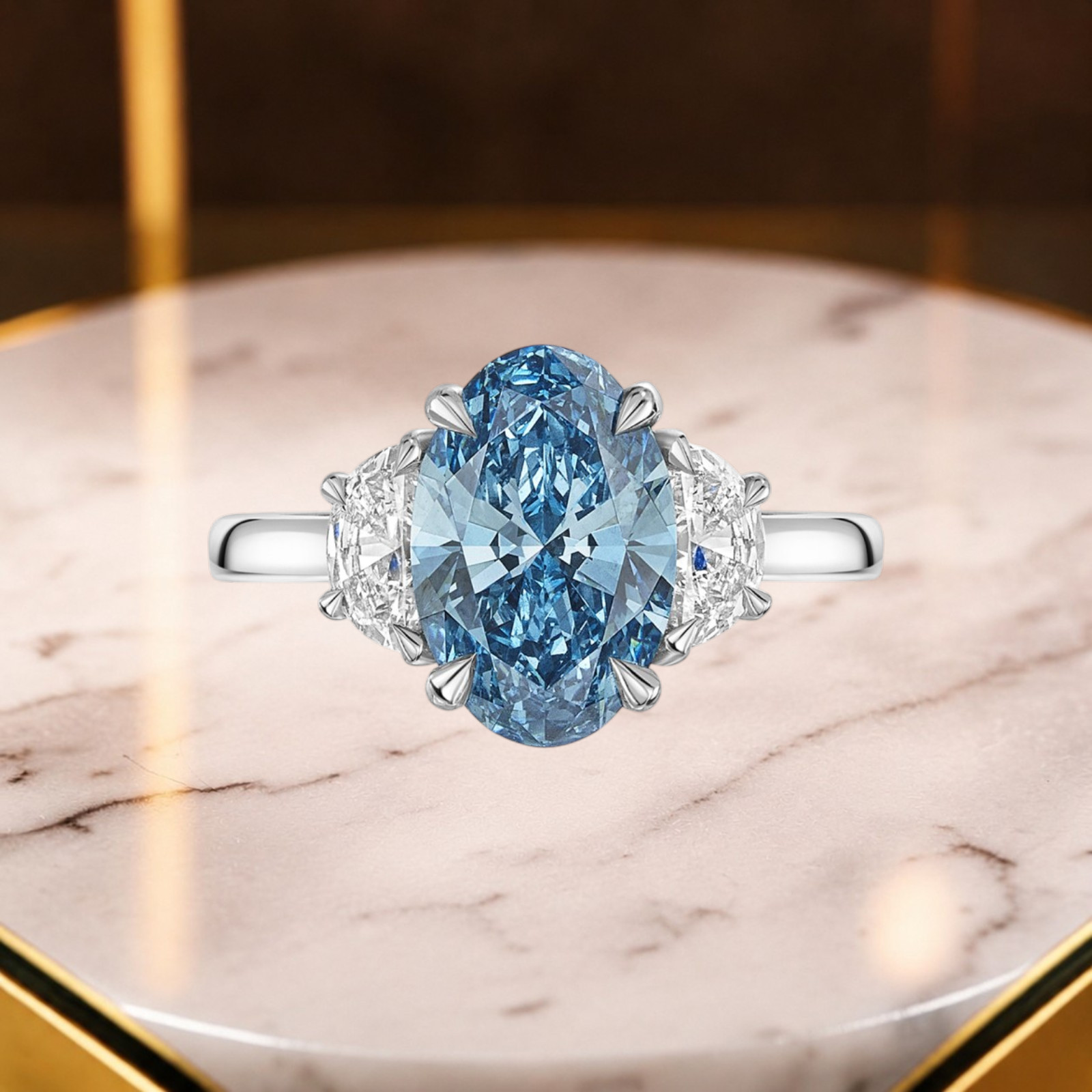 Oval Cut 4.50 CT Fancy Intense Blue Lab Grown Diamond Women Ring 14K White Gold