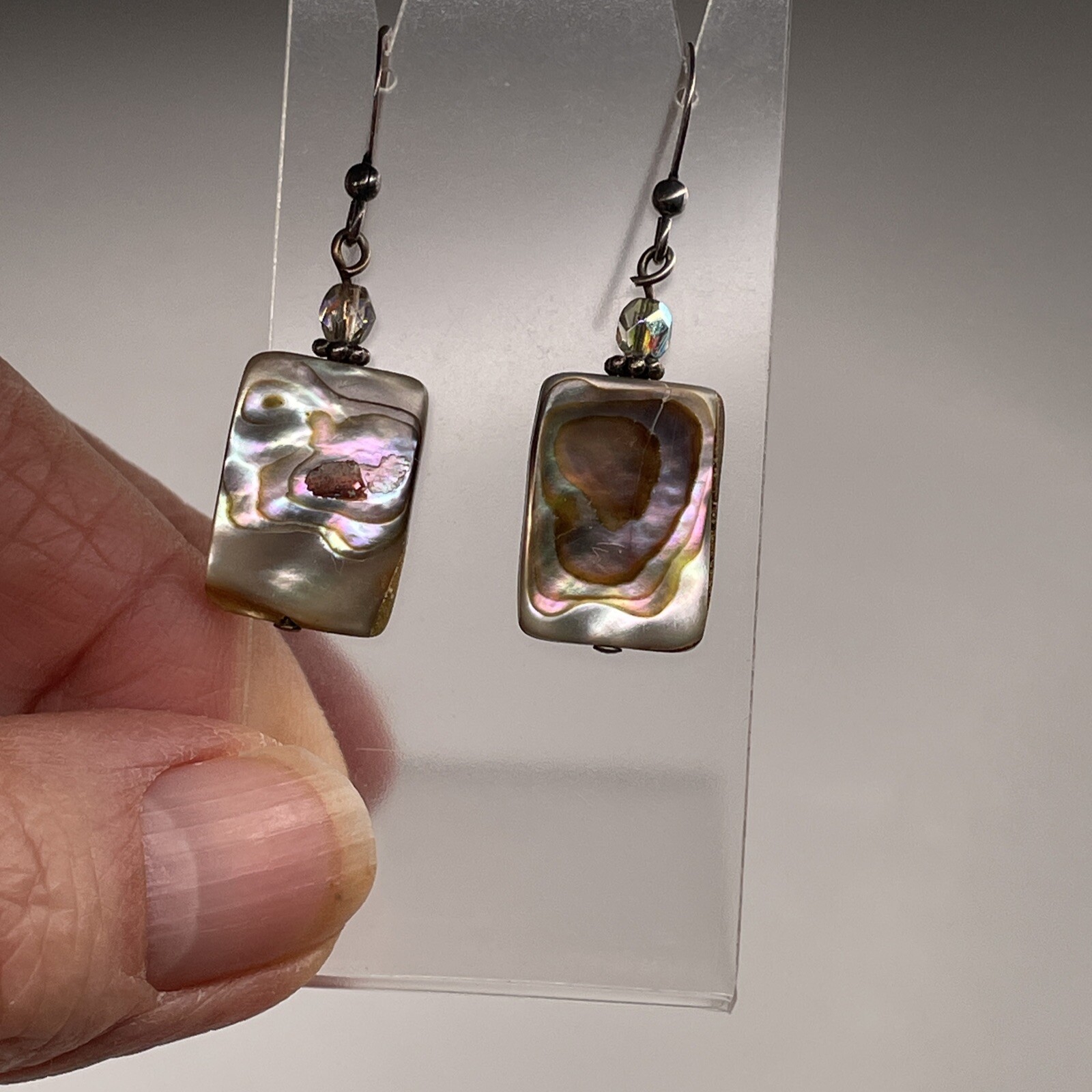 Sterling Silver Rectangle Genuine Abalone Shell Sterling Earrings Chrystal Bead