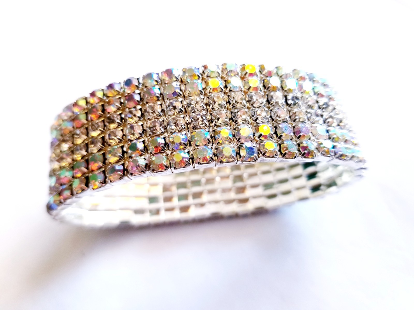 Iridescent Silver Rhinestone Stretch Bracelet Crystal Pageant Prom Drag Jewelry