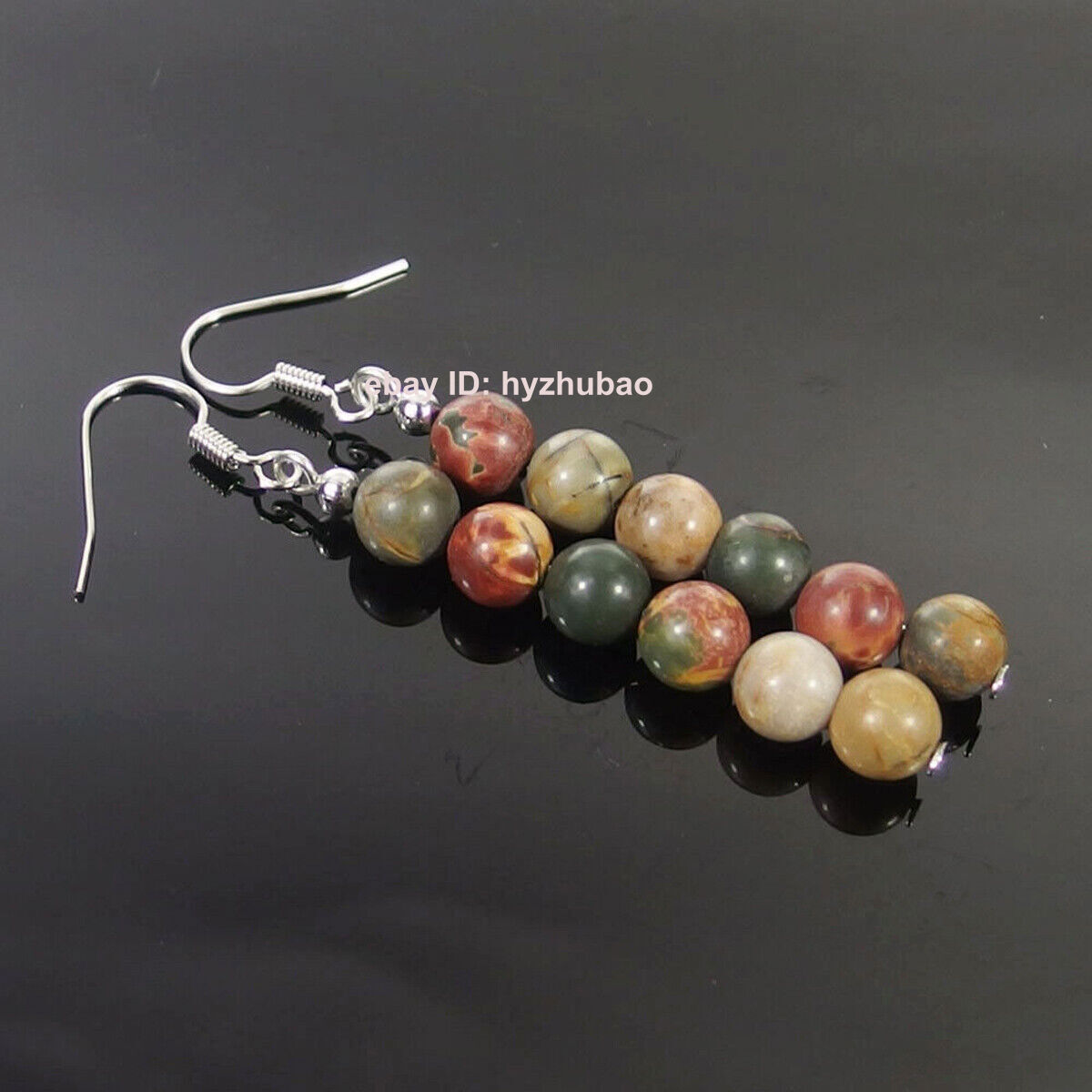 2Pairs 6/8mm Natural Gemstone Smooth Round Beads Silver Hook Dangle Earrings AAA