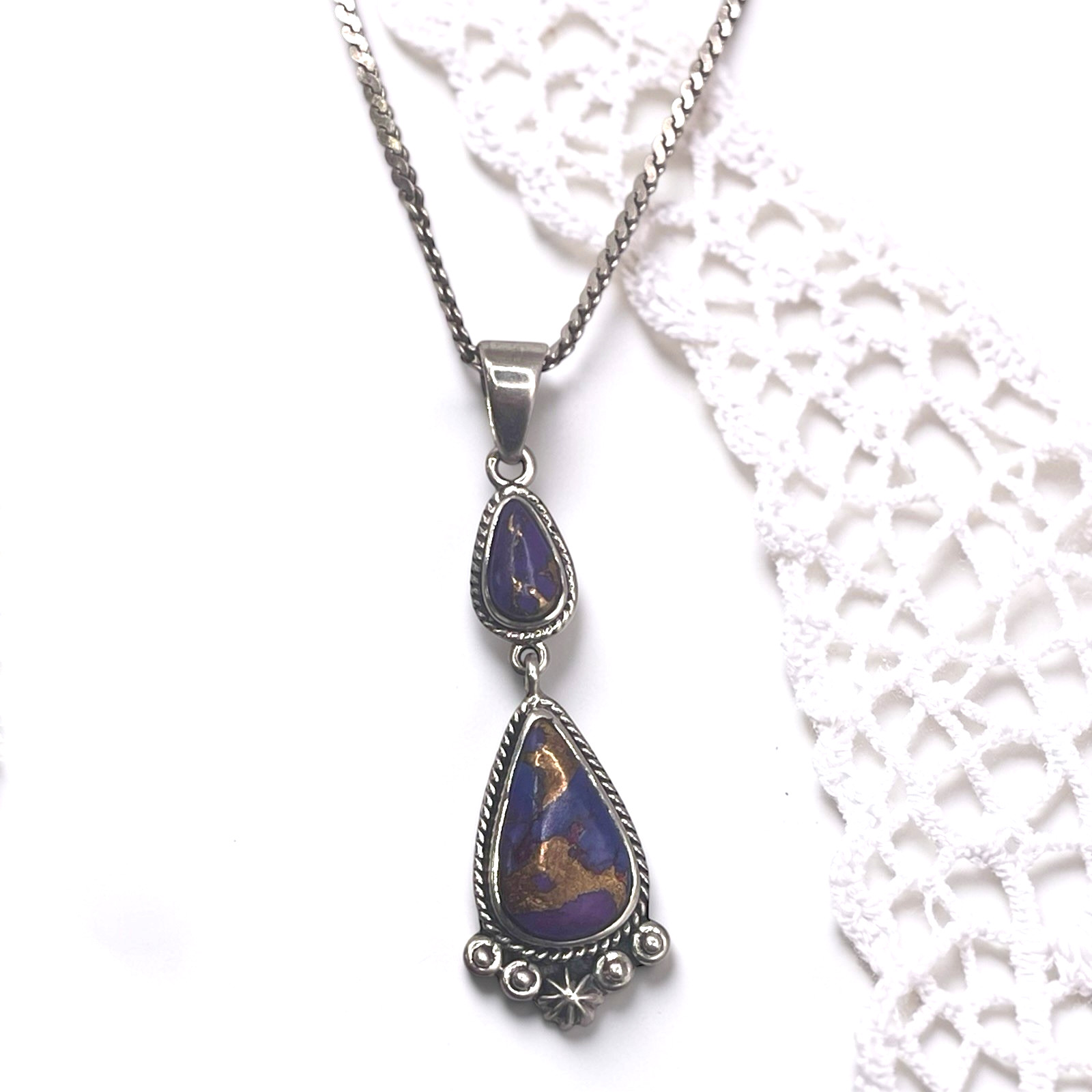 Vintage T Philippines Sterling Copper & Purple Gemstone Pendant Necklace, 16.5″