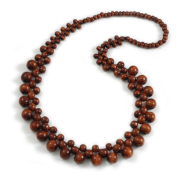 Long Brown Cluster Wood Beaded Necklace – 82cm Long