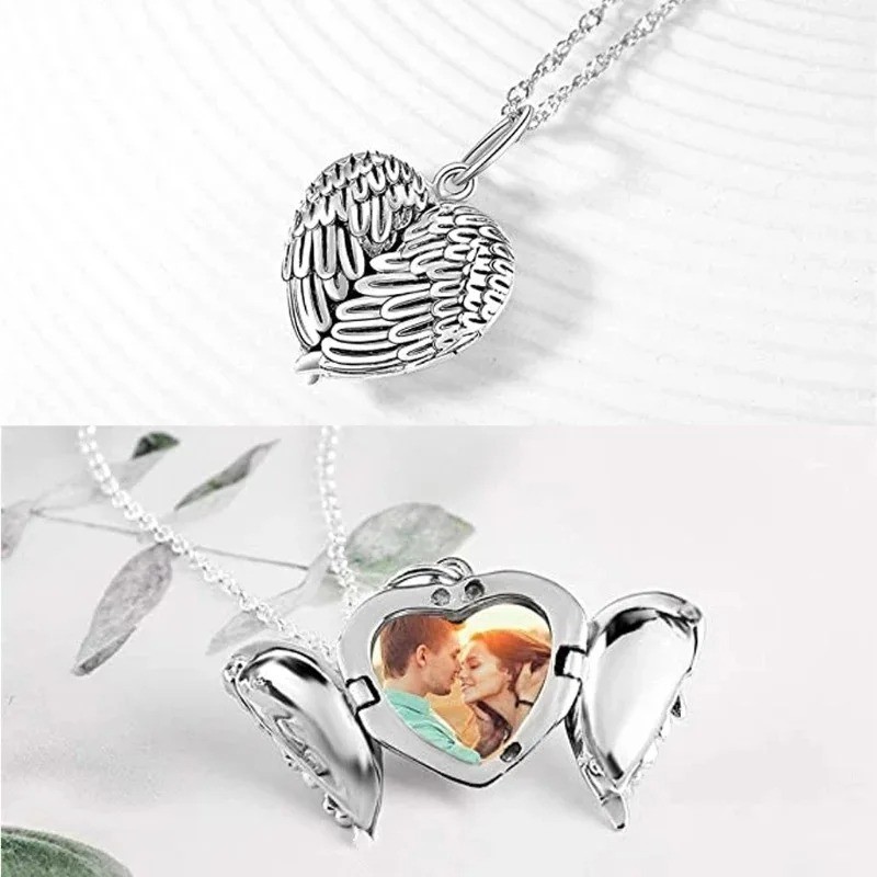 Angel Wings Heart Photo Locket Necklace DIY Memory Pendant Gift for Women Antiqu