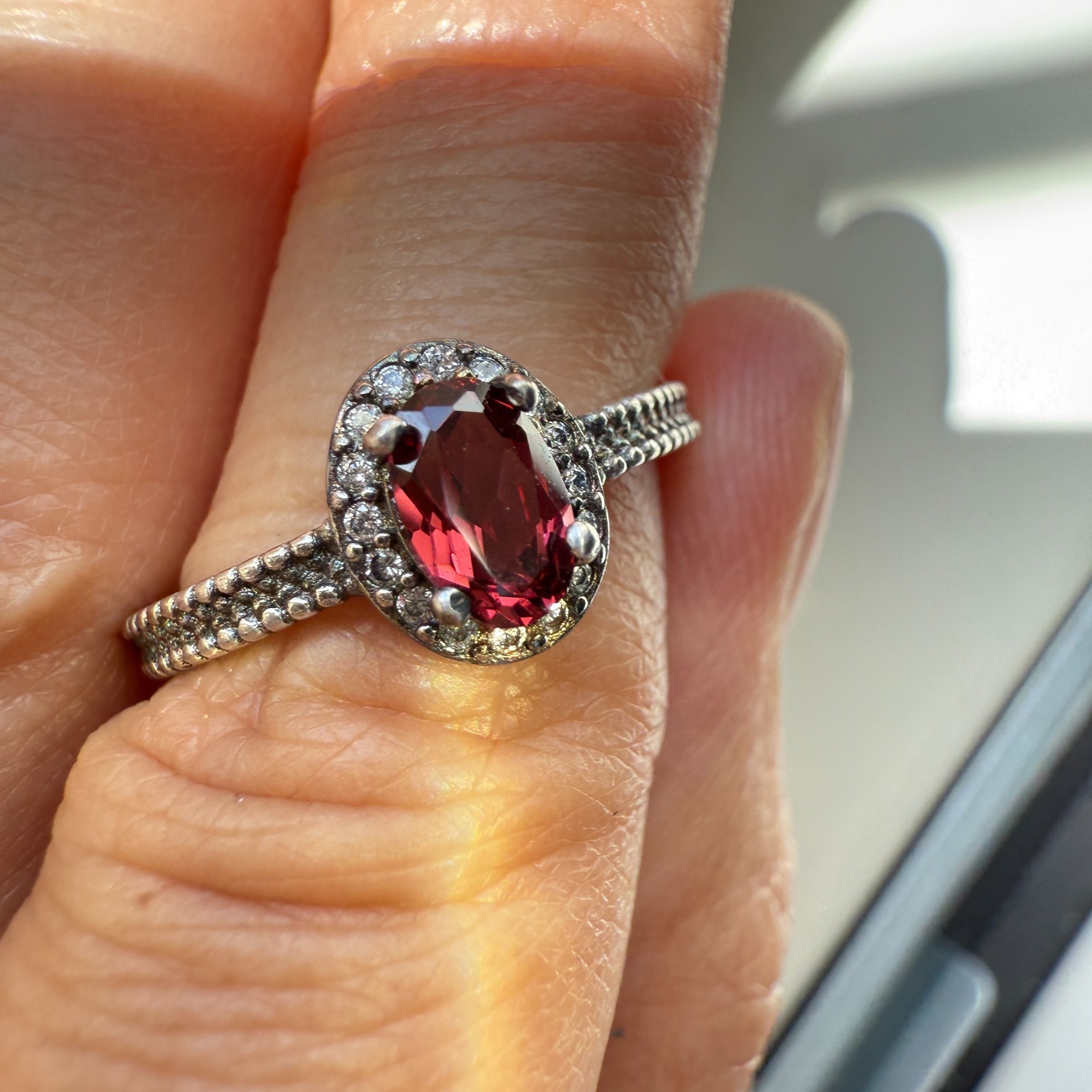 925 Sterling Silver Ring 6x4mm Natural Rhodolite Garnet Zircon Flower Red Gift