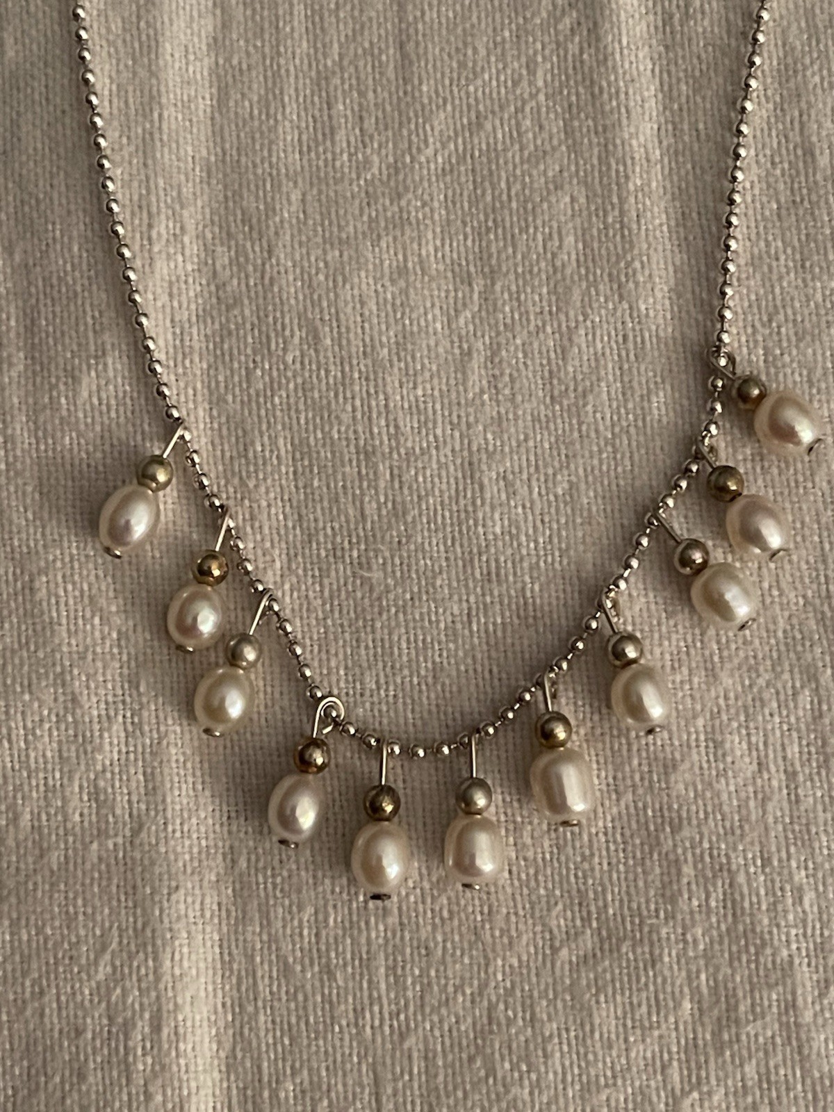 SS 925 Silver Color Beaded Necklace With Dangling Genuine Fresh Water Pearls