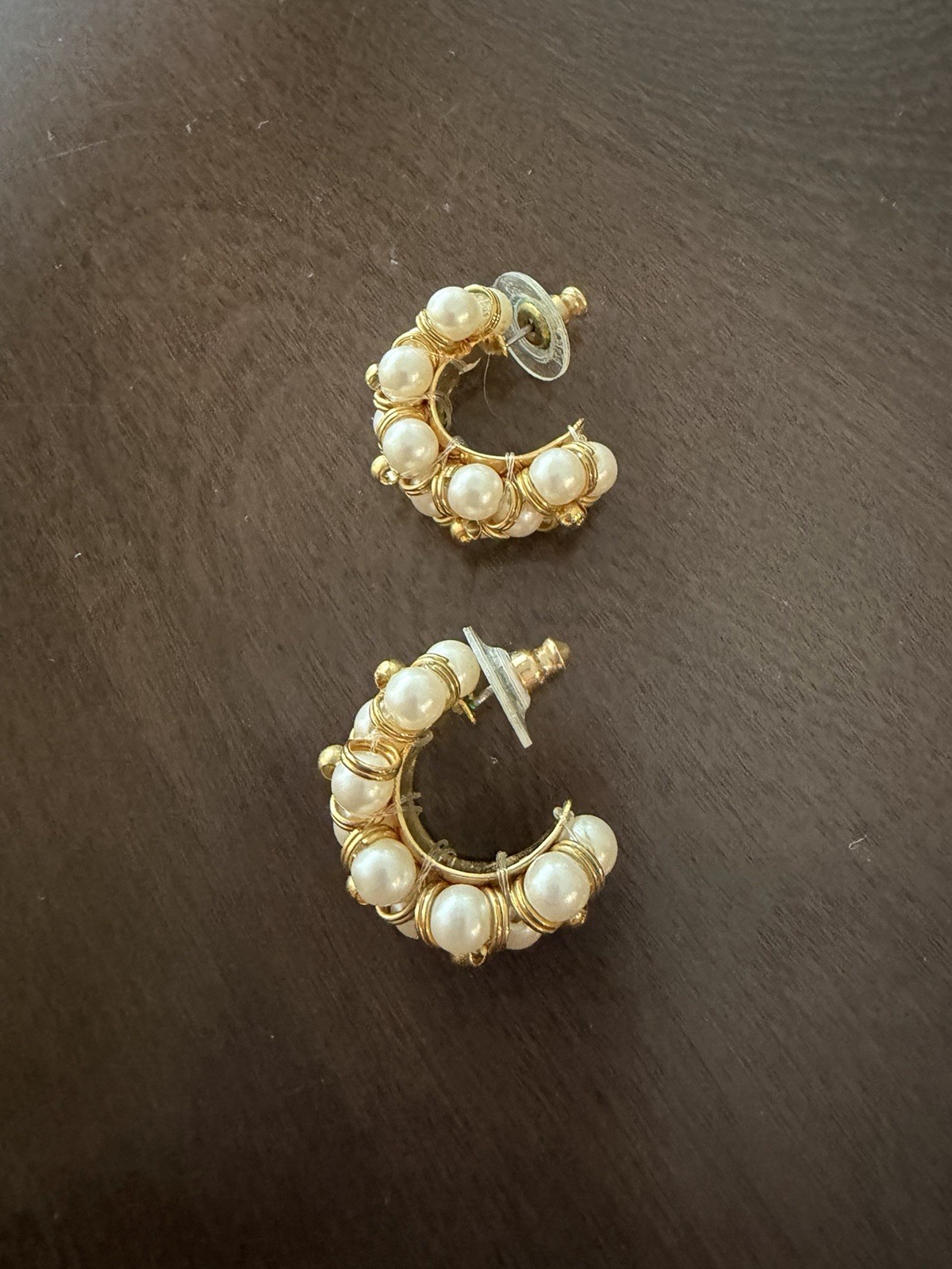Avon 2001 Faux Pearl Gold Tone Hoop Earrings Wire Wrapped Vintage Signed