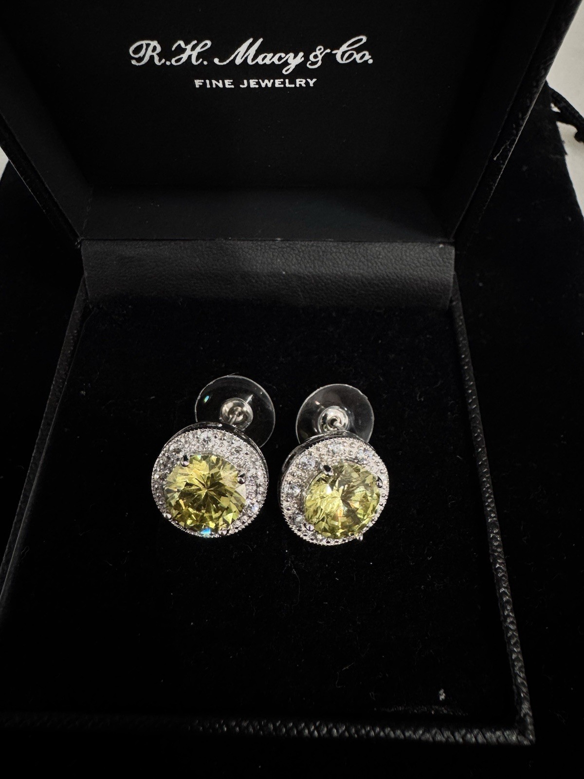 R.H. Macy & Co. 925 Sterling Silver Yellow Moissanite Halo Stud Earrings.