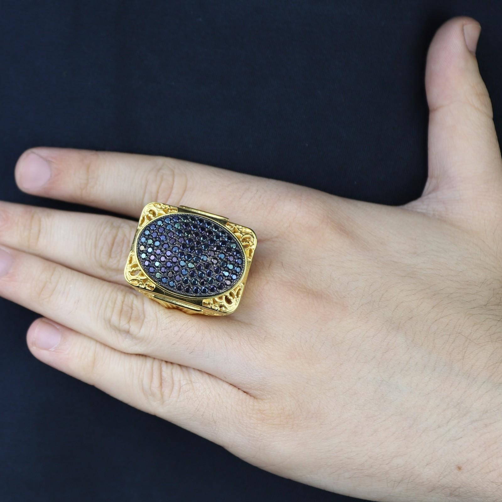 925 Men Silver Gold Black Onyx Handmade Big Ring Men Sterling Silver Ring