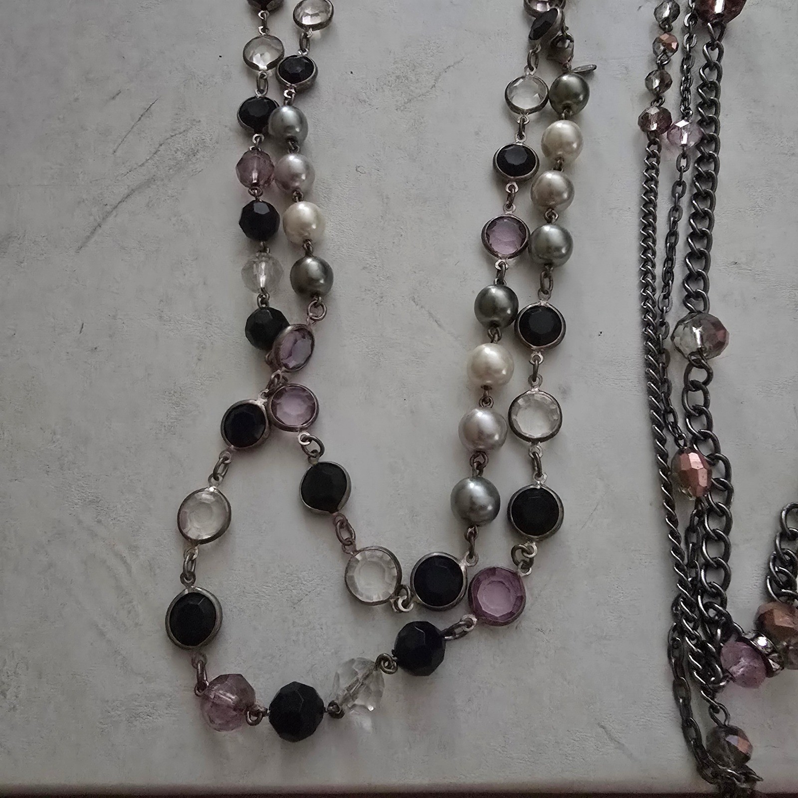 Lot of 2 Long Beaded Necklaces Faux Pearl Gunmetal Multi Strand Fashion Jewelry