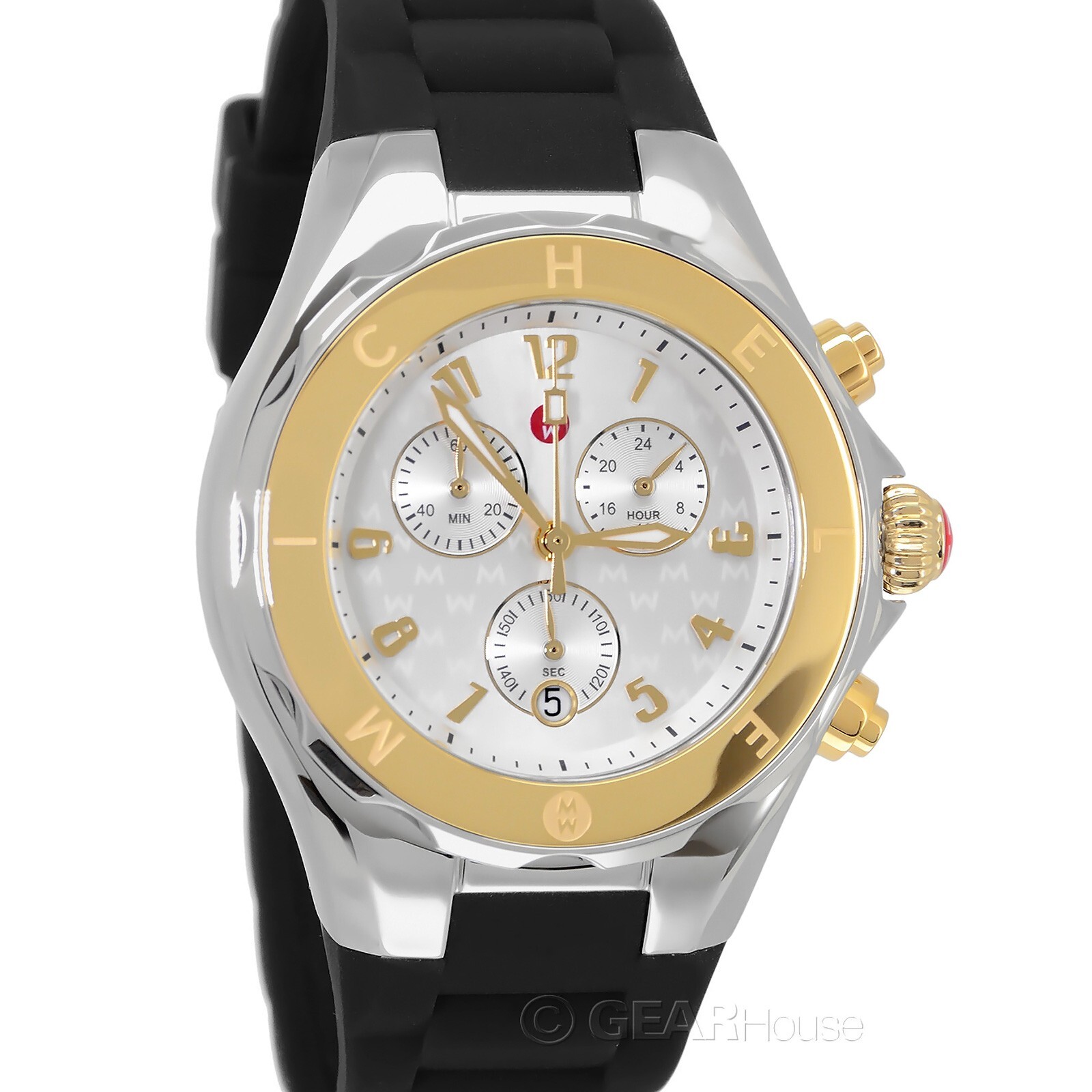 MICHELE Jelly Bean Womens Chronograph Watch Two Tone Gold Silver, Black Silicone