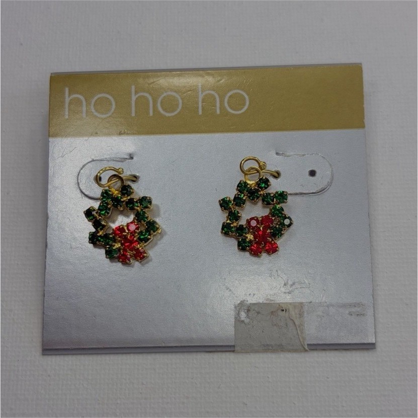 Christmas Wreath Crystal Rhinestone Stud Earrings Gold Green Red Butterfly Back