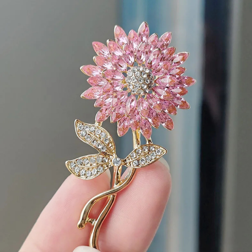 Sunflower Brooch Rhinestone Crystal Gold & Pink Flower Pin Jewelry Summer Gift