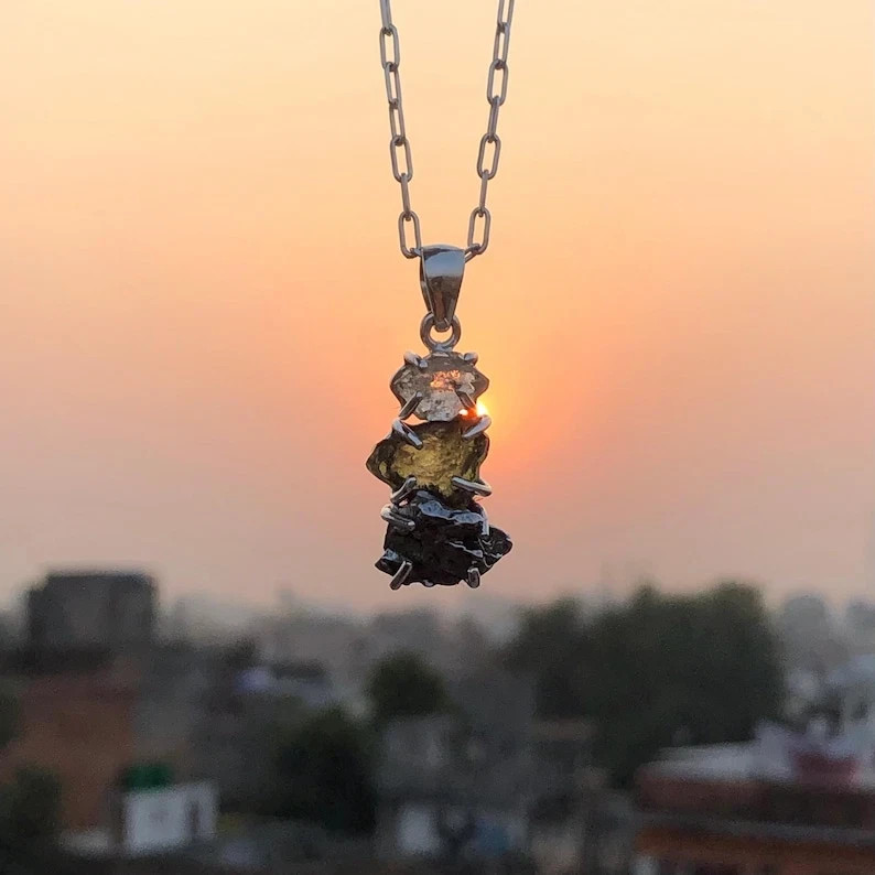 Moldavite, Herkimer and Meteorite Pendant Sterling Silver Handmade Pendant Gift