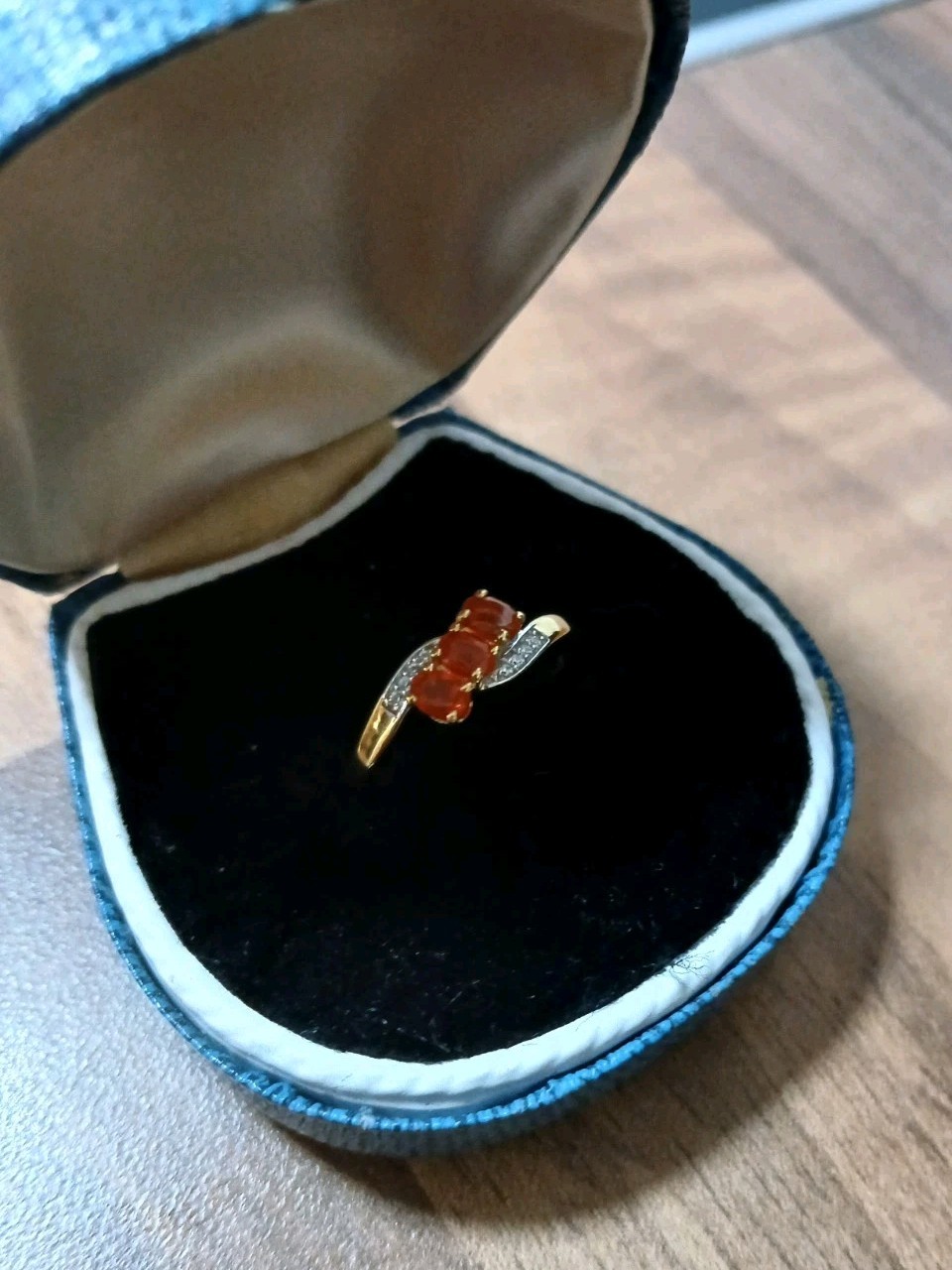 Silver Gilt Fire Opal Ring Trilogy Ring Size P 1/2 New