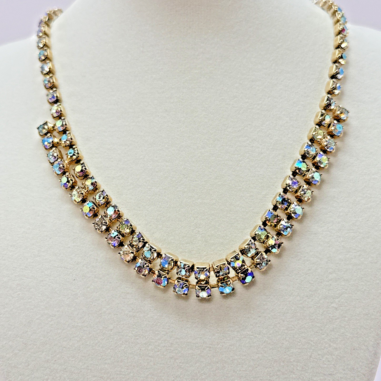 Vintage Gold Tone Multicolor Aurora Borealis Rhinestone Choker Necklace