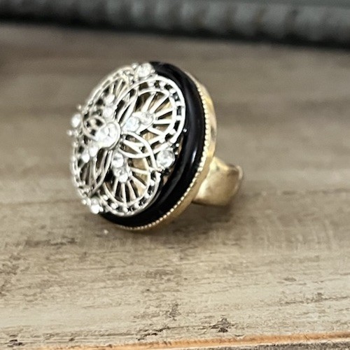 Black Silver Gold Clear Crystal Open Work Round Statement Stretch Cocktail Ring