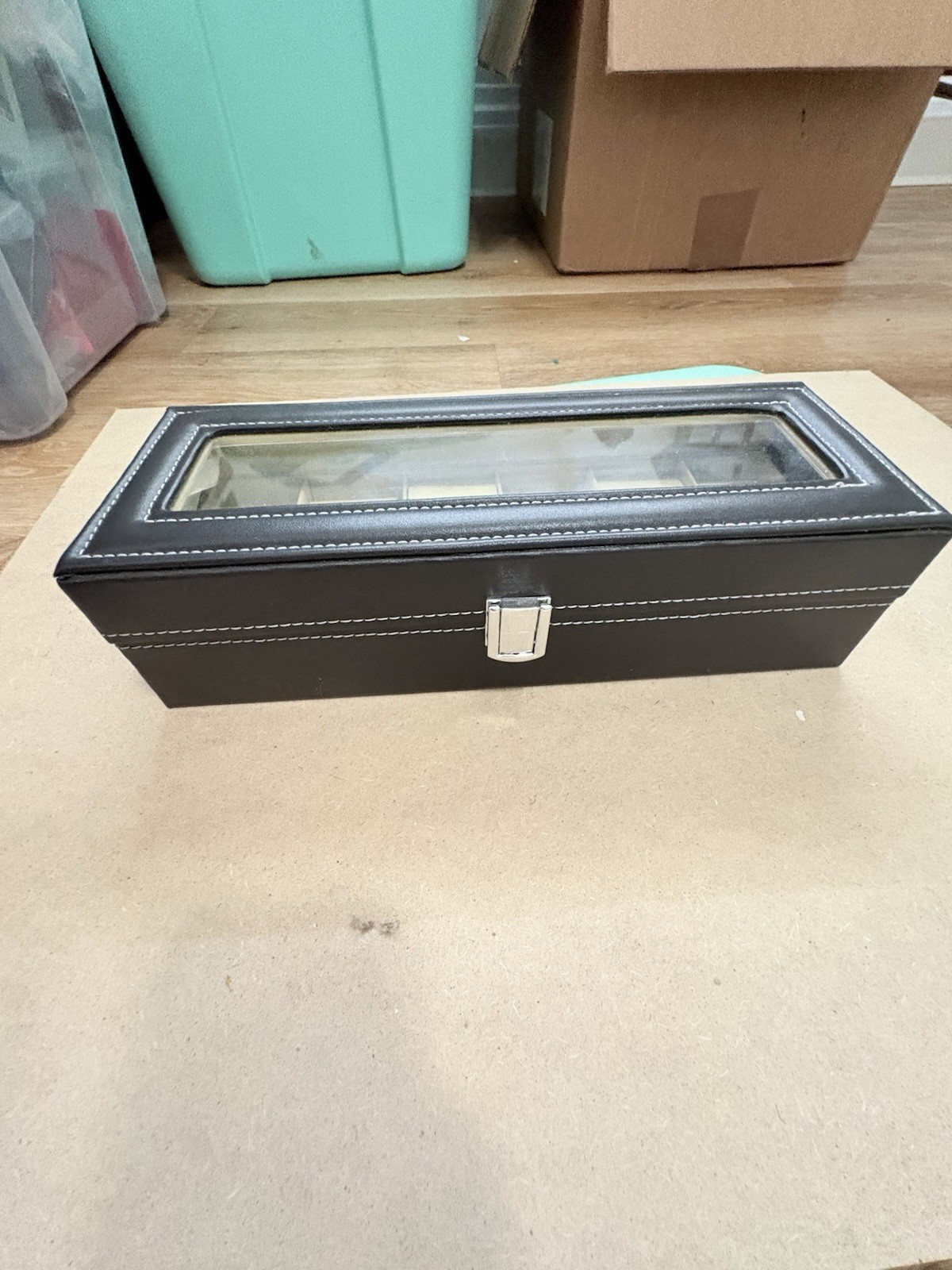 Black Faux Leather Watch Storage Box Case w/ Glass Top, 6 Slot Classic