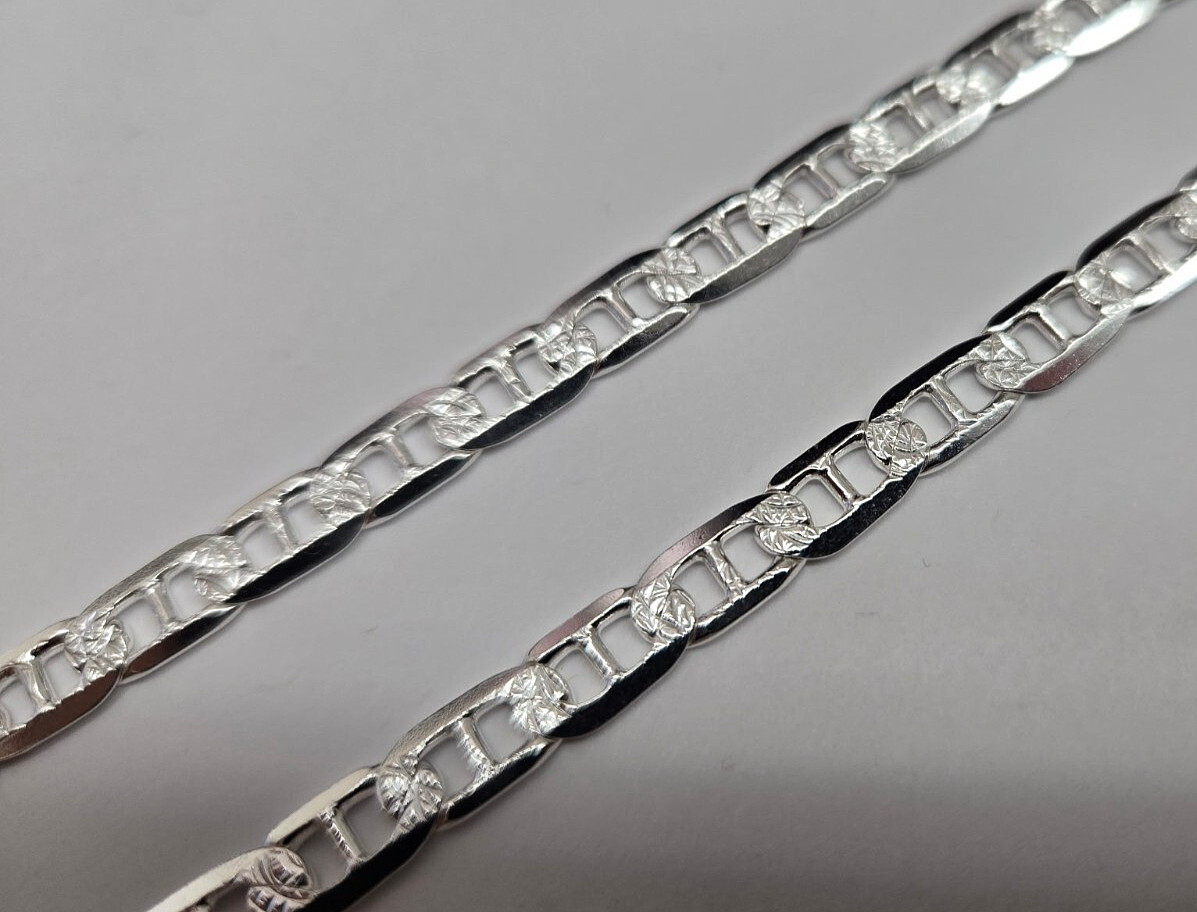 925 Sterling Silver Flat Mariner Link Chain Diamond Cut Necklace 5.8mm 7″ to 30″
