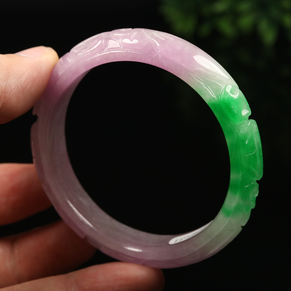 55mm Lavender Purple Green Jadeite Jade Bracelet Bangle Bat Coin 福在眼前 A-11671