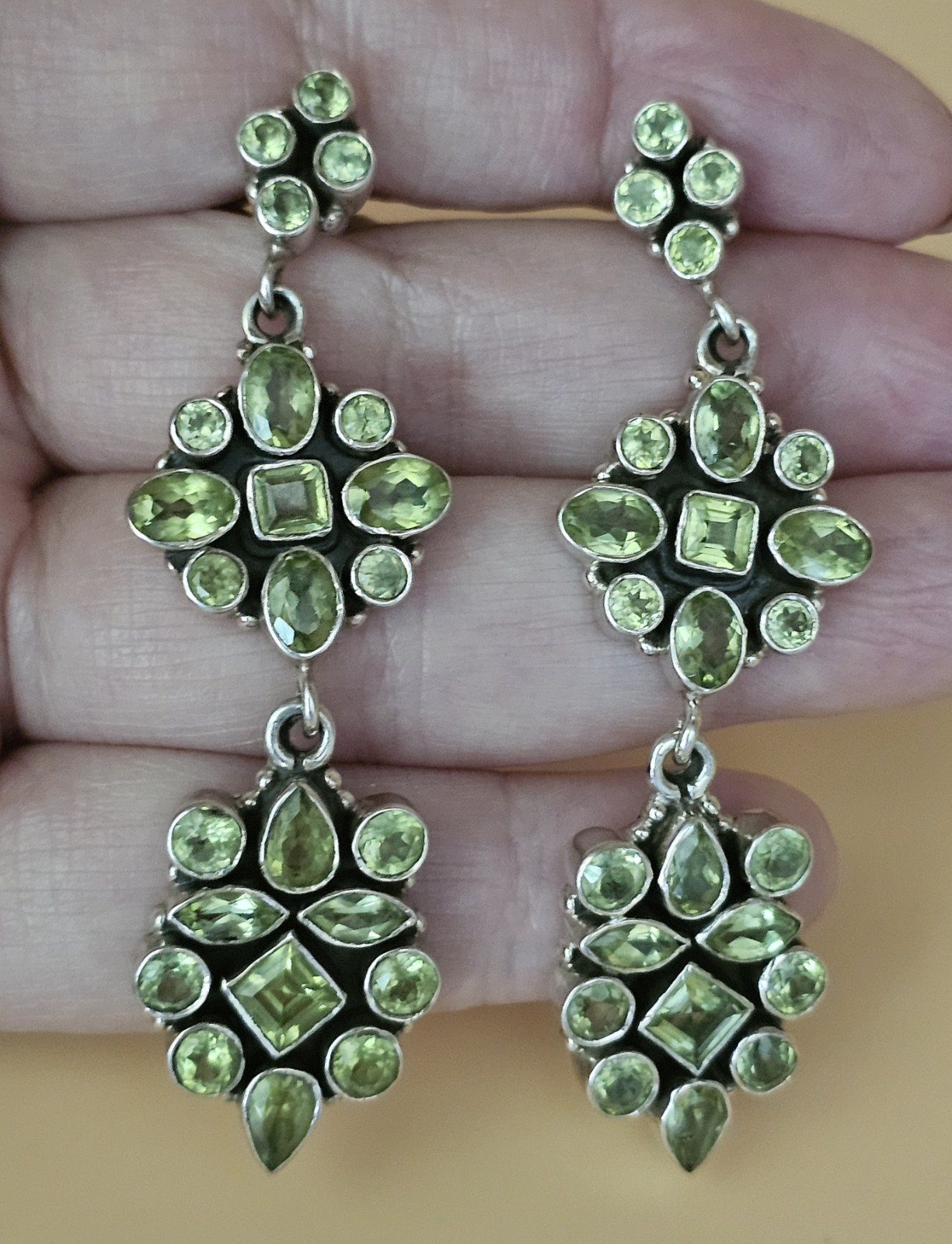 Vintage Sterling Silver Peridot Dangle Earrings 2.75″ Artisan Statement Drop 925