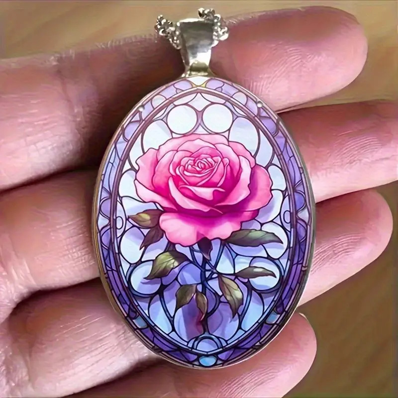 Flower Rose Oval Necklace Jewelry Vintage Silvery Gothic Pink Love Pendant C