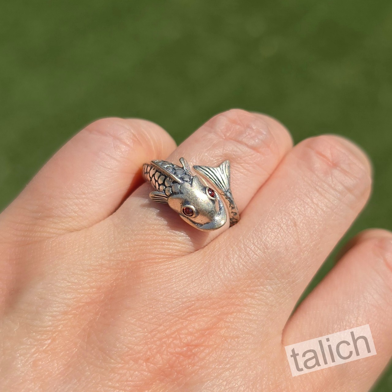 Antiqued 925 Sterling Silver Lucky Koi Fish Ring Red CZ Eyes Adjustable Unique
