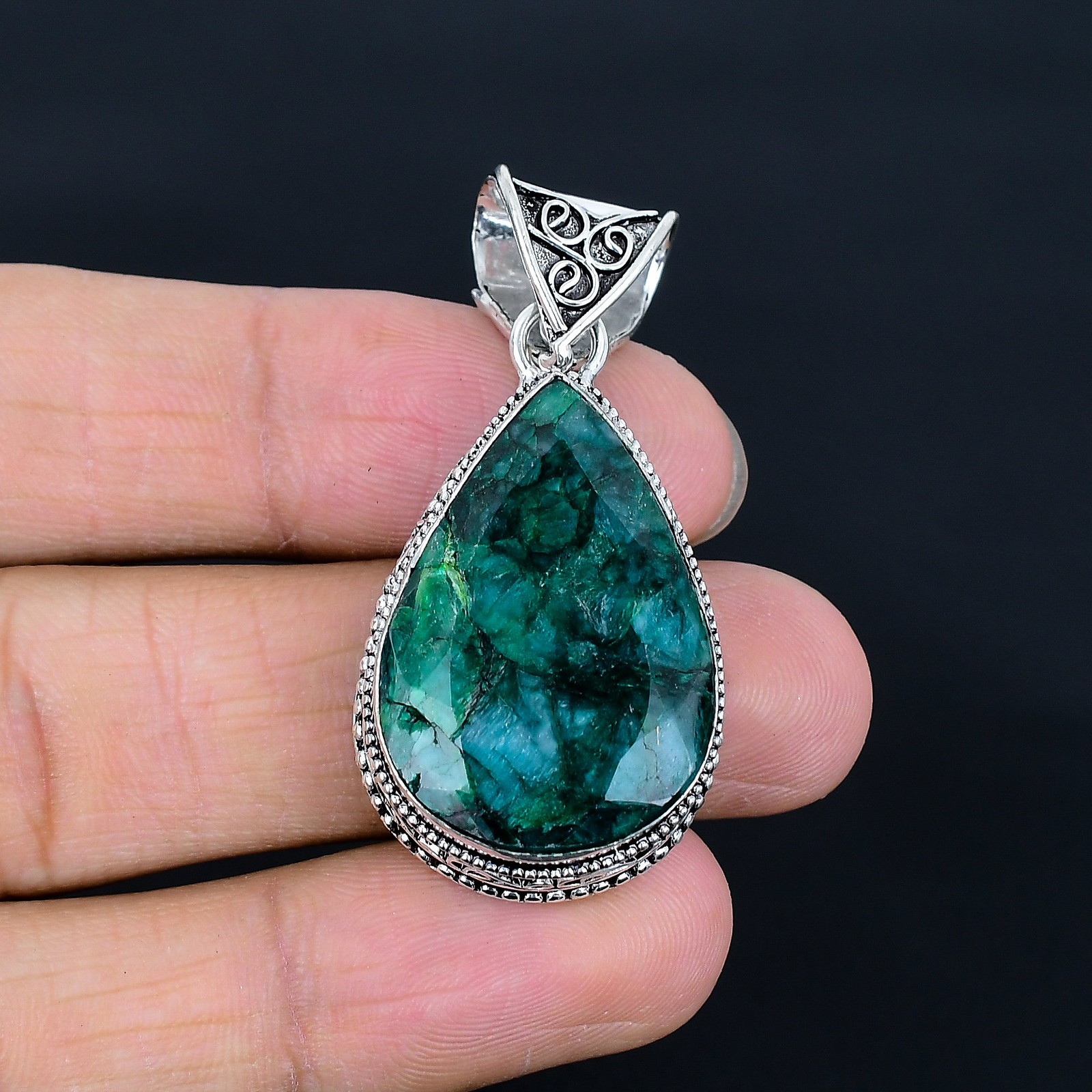 Faceted Zambian Emrald Gemstone 925 Sterling Silver Pear Vintage Pendant 2.1″ N7