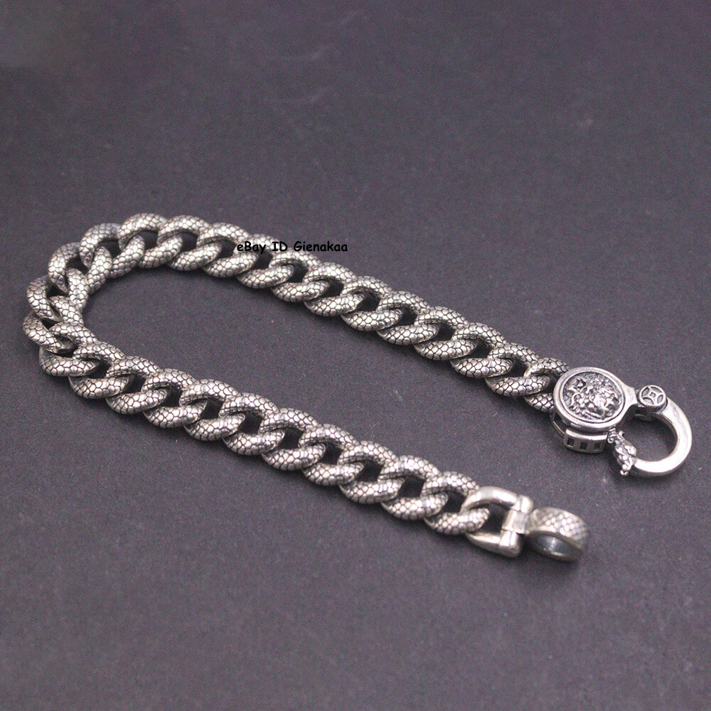 Solid 925 Sterling Silver Chain 9mm Dragon Scale Curb Link Bracelet 34-35g 7.9in
