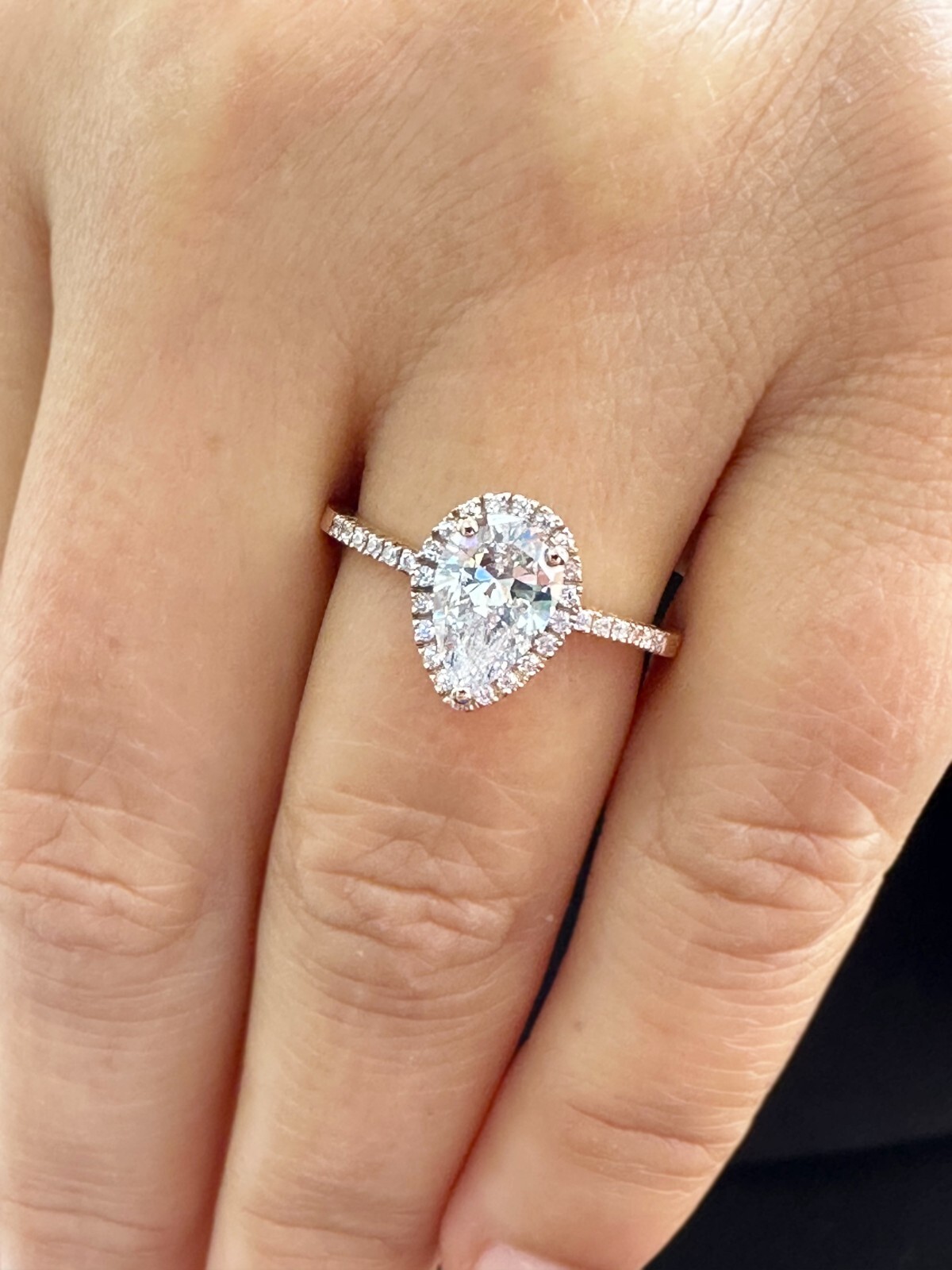 Pear Shape And Round Moissanite Engagement Ring Halo 14k Solid Rose Gold 1.70ctw