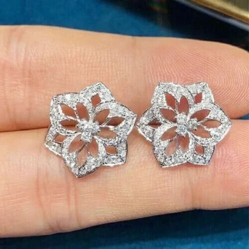 1.50 Ct Round Cut Moissanite Women’s Flower Stud Earrings 14K White Gold Plated