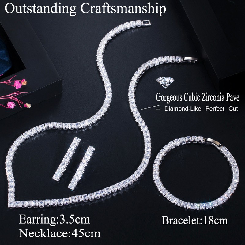 Square Zircon Gold Plated V Shape Tennis Necklace Bracelet Earrings Jewelry Set
