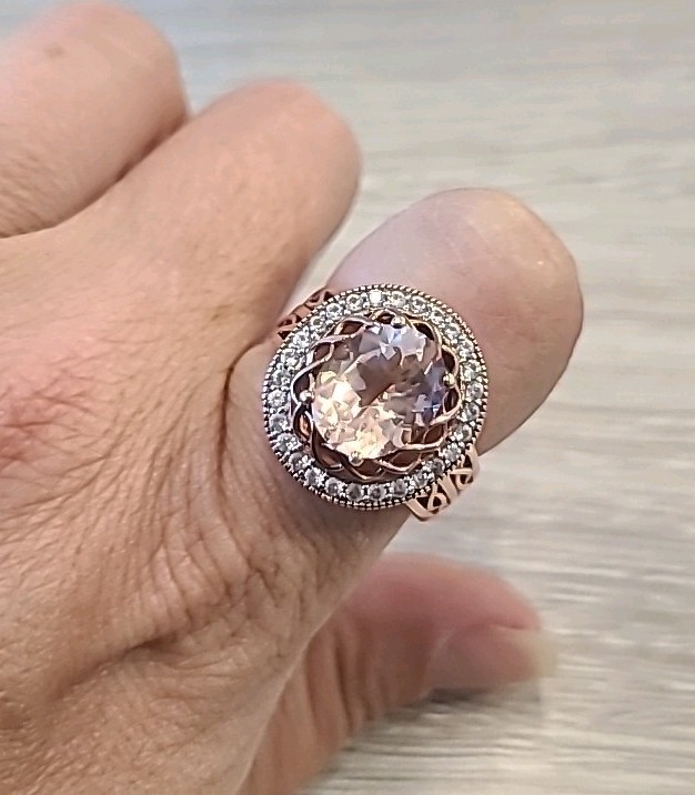 Fuzion Creations Peach Morganite & Diamond Halo Statement Ring Size 7