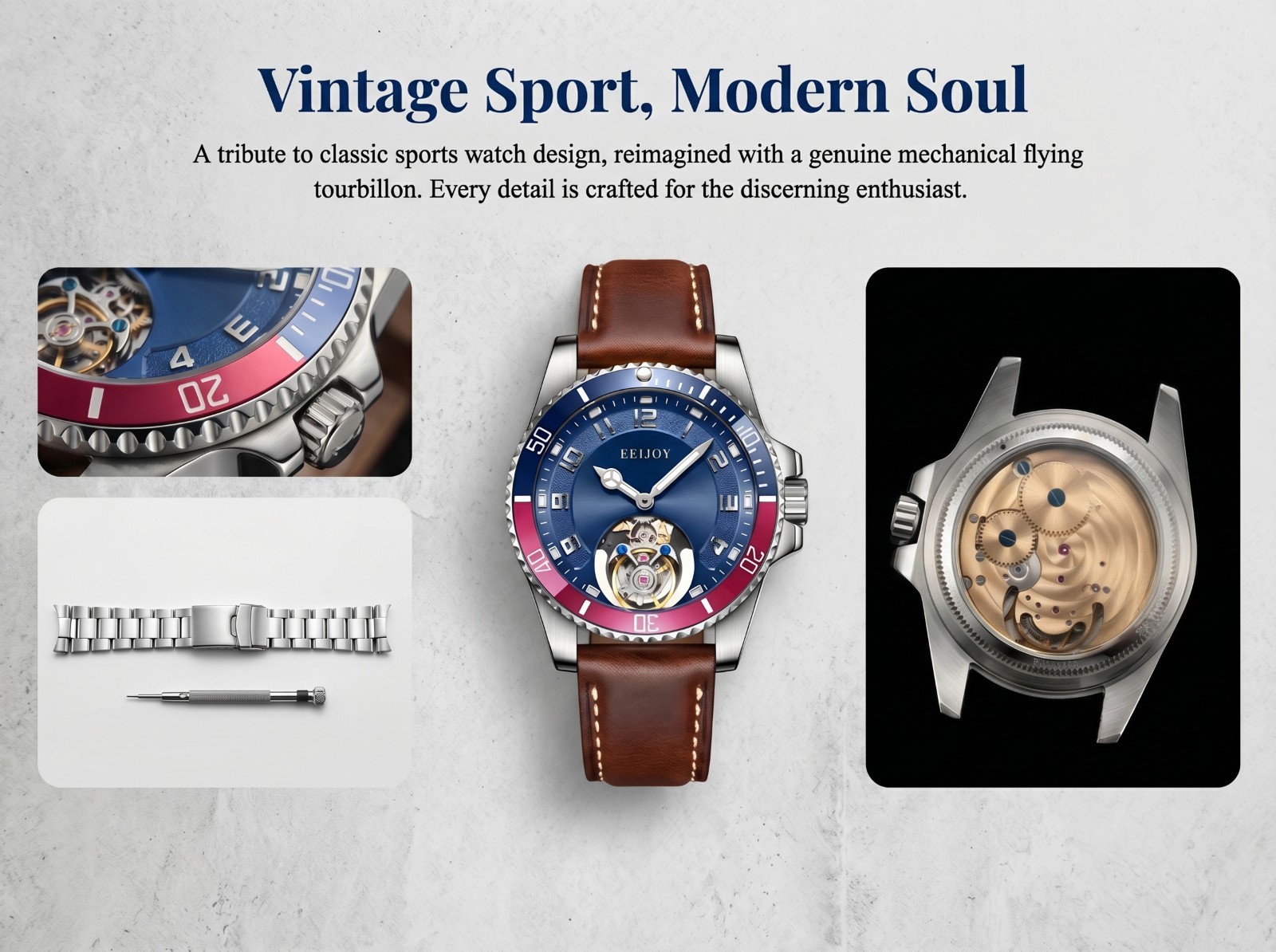 Men’s Genuine Flying Tourbillon Watch, Manual Winding Only, 42mm 316L Steel