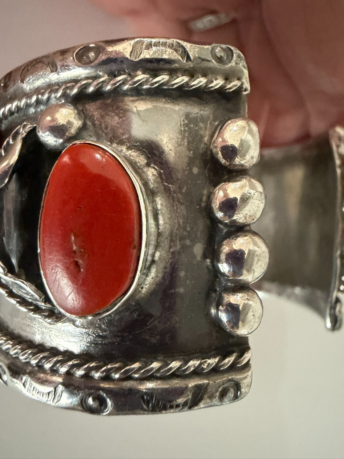 Vintage Navajo Sterling Watch Cuff Bracelet 114g Turquoise Coral 1940’s Men’s 6”